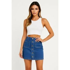 LOFT BLUE MEDIUM WASH BUTTON FRONT CLASSIC DENIM JEAN MINI SKIRT SIZE: 10P NEW